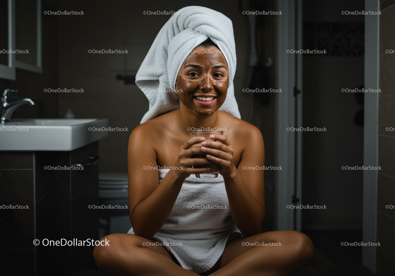 Relaxing Woman with Facial Mask Sitting in Bathroom in Self-Care Scene