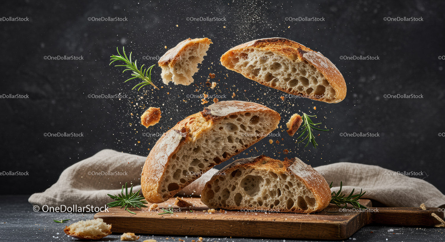 Rustic artisan bread slices flying with fresh herbs