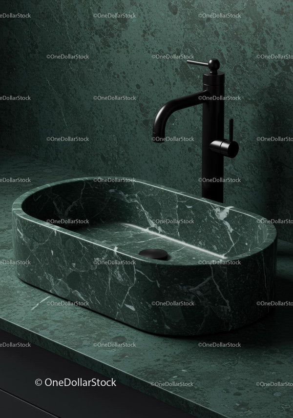 Black Tap and Green Marble Sink in Modern Bathroom