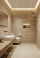 Modern Minimalist Bathroom with Beige Tiles and Walk-in Shower