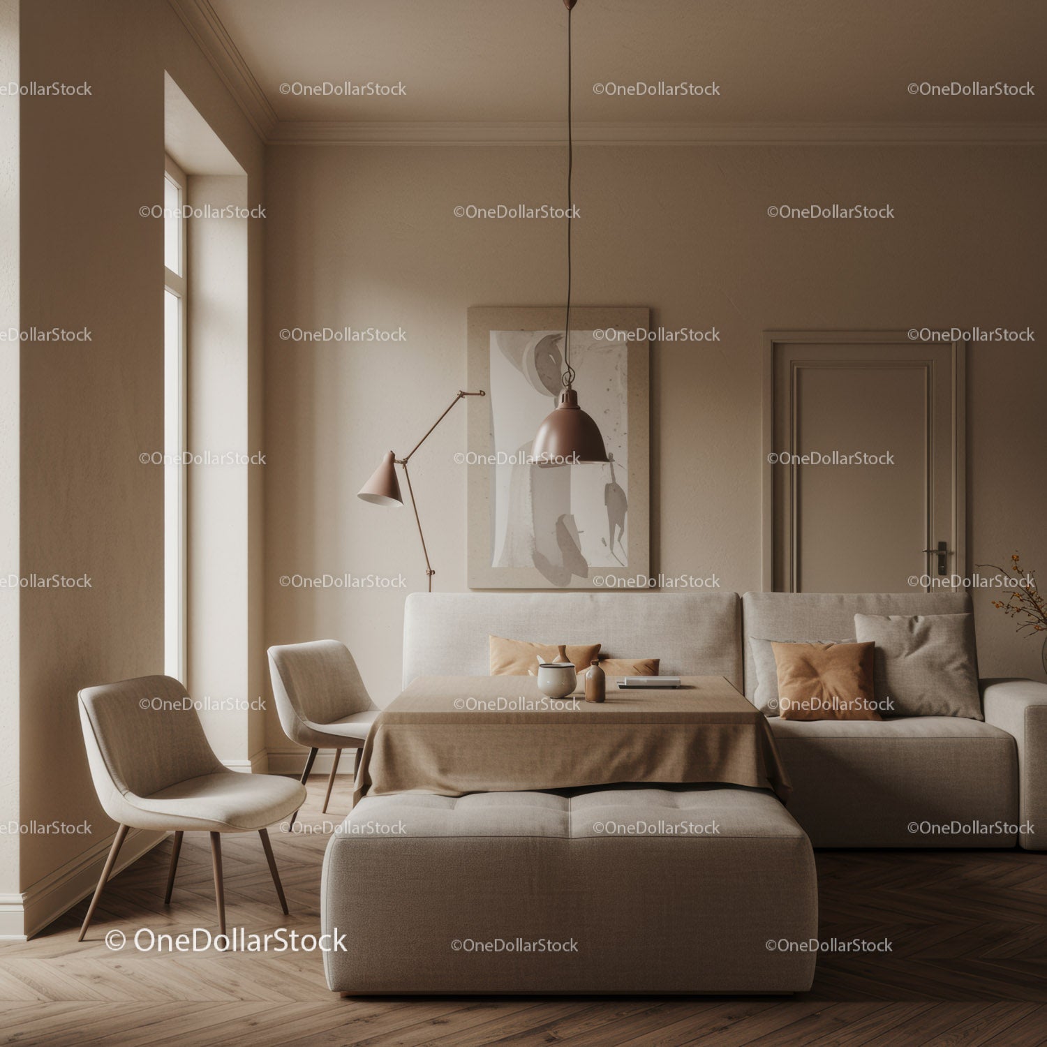 Elegant Beige Sofa with Upholstered Chairs in a Cozy Living Room