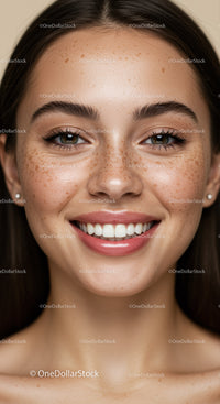Close-up of young woman smiling with natural freckles