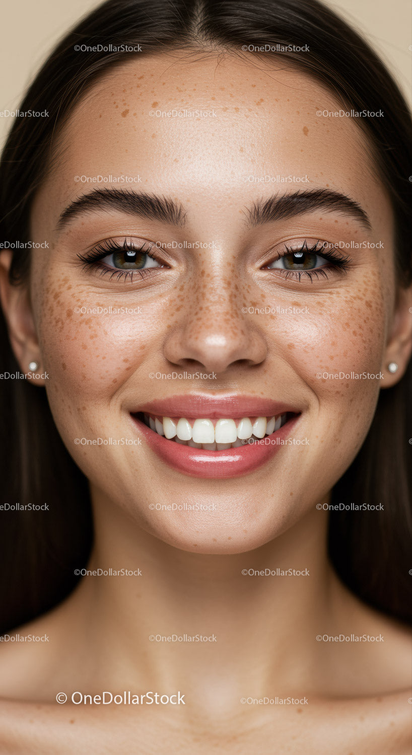 Close-up of young woman smiling with natural freckles