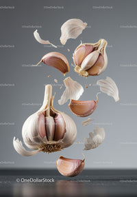 Floating garlic cloves and peeling skin on gray background