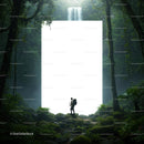 Explorer Facing Mysterious Portal in Lush Rainforest