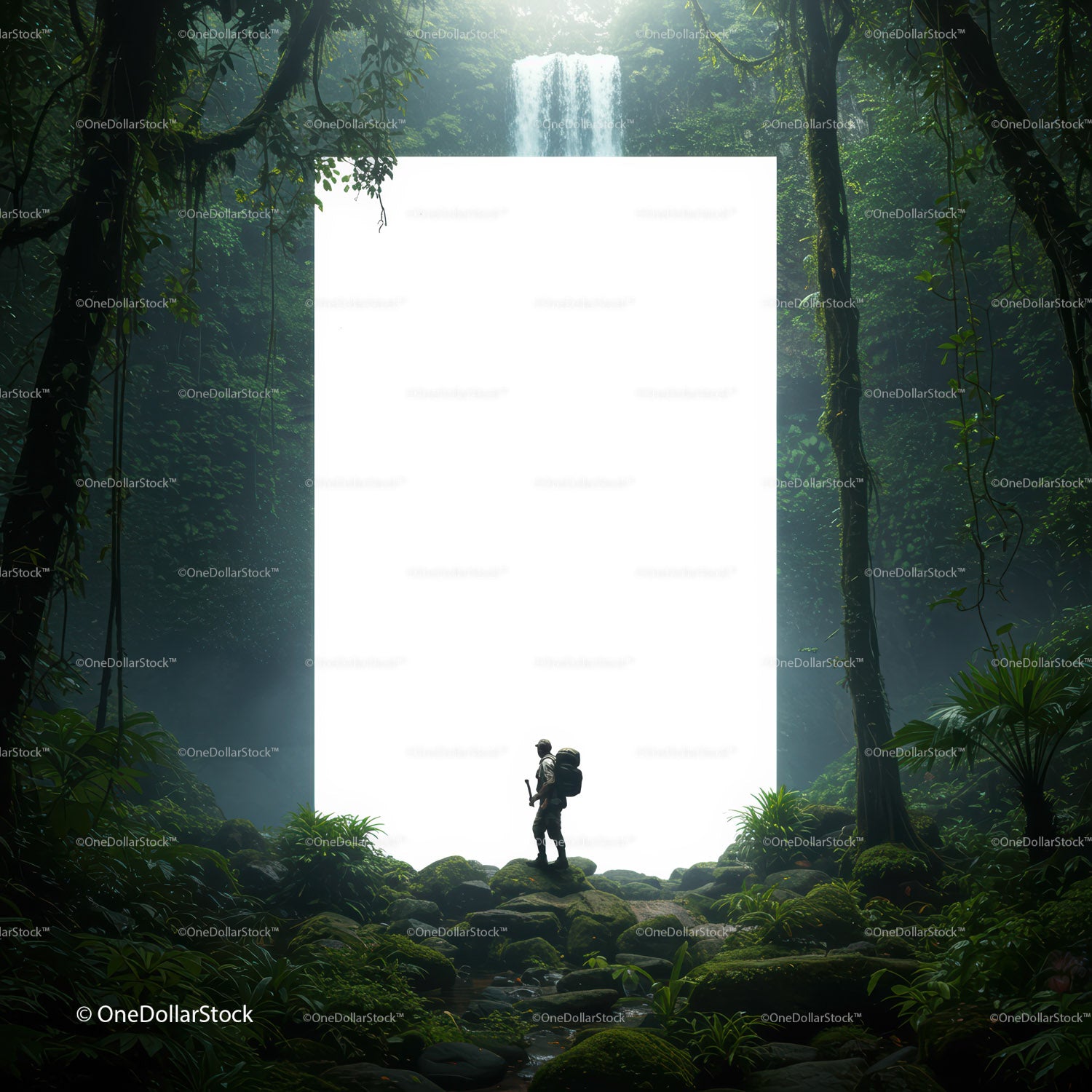 Explorer Facing Mysterious Portal in Lush Rainforest