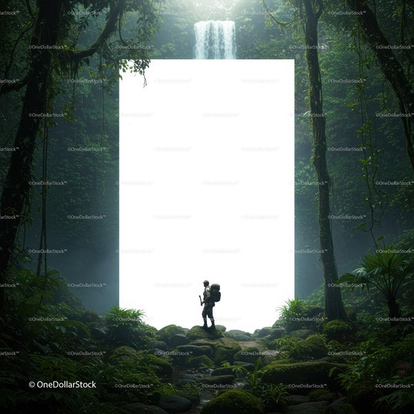 Explorer Facing Mysterious Portal in Lush Rainforest JPG Mockup Image