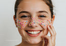 Joyful Young Woman with Colorful Sprinkles on Face in Bright Portrait