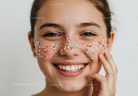 Joyful Young Woman with Colorful Sprinkles on Face in Bright Portrait