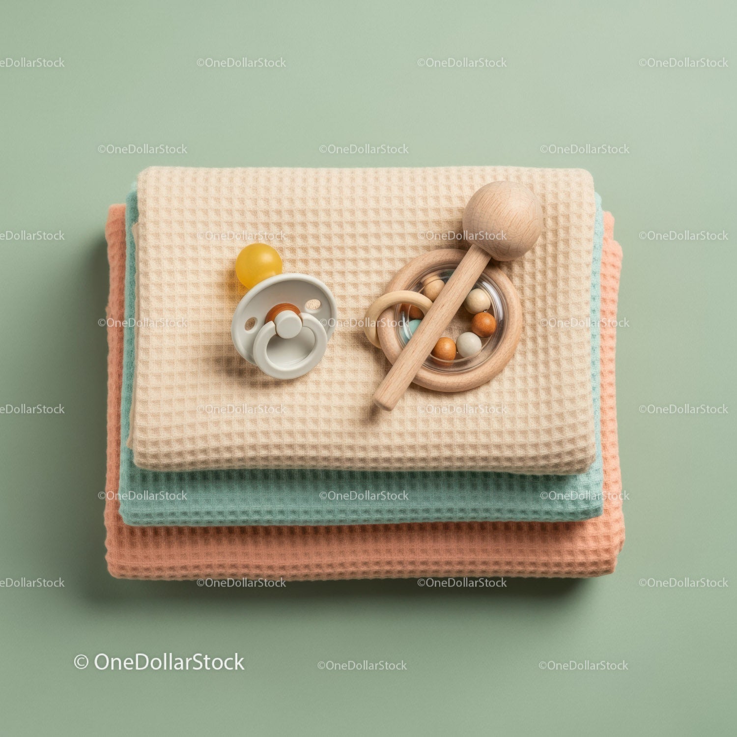 Stack of Baby Blankets with Pacifier and Wooden Rattle