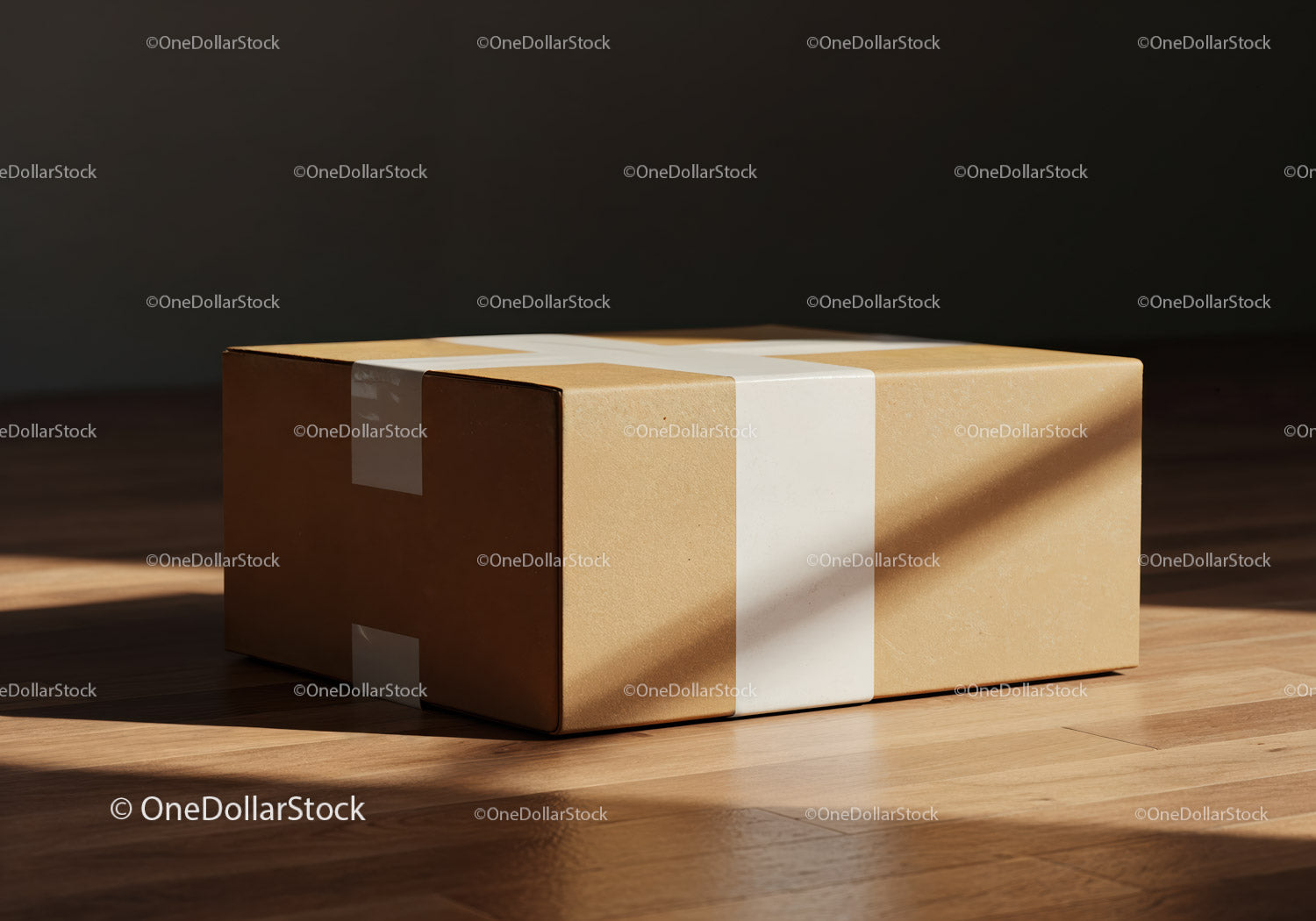 Brown cardboard box sealed with white tape on wooden floor