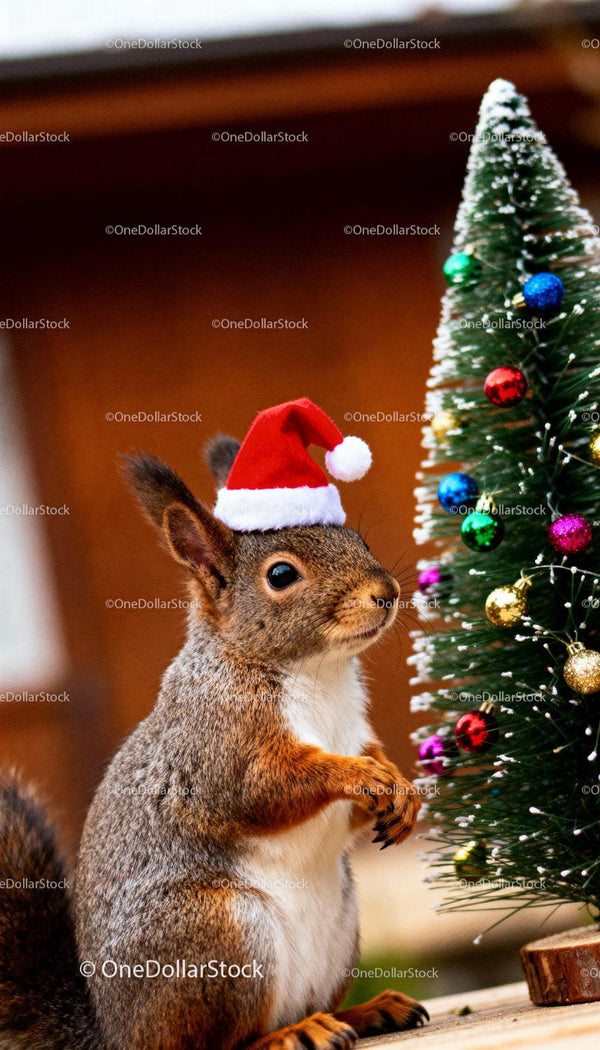 Squirrel Wearing Santa Hat Near Decorated Christmas Tree