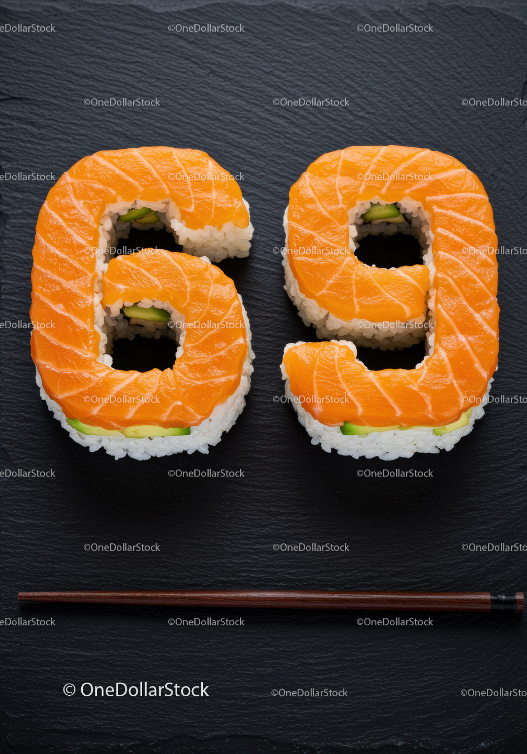 Kawałki sushi w kształcie cyfr sześćdziesiąt dziewięć na czarnym łupku