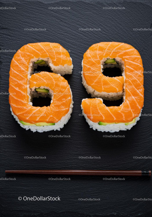 Kawałki sushi ułożone w kształt cyfr sześćdziesiąt dziewięć na czarnym łupku