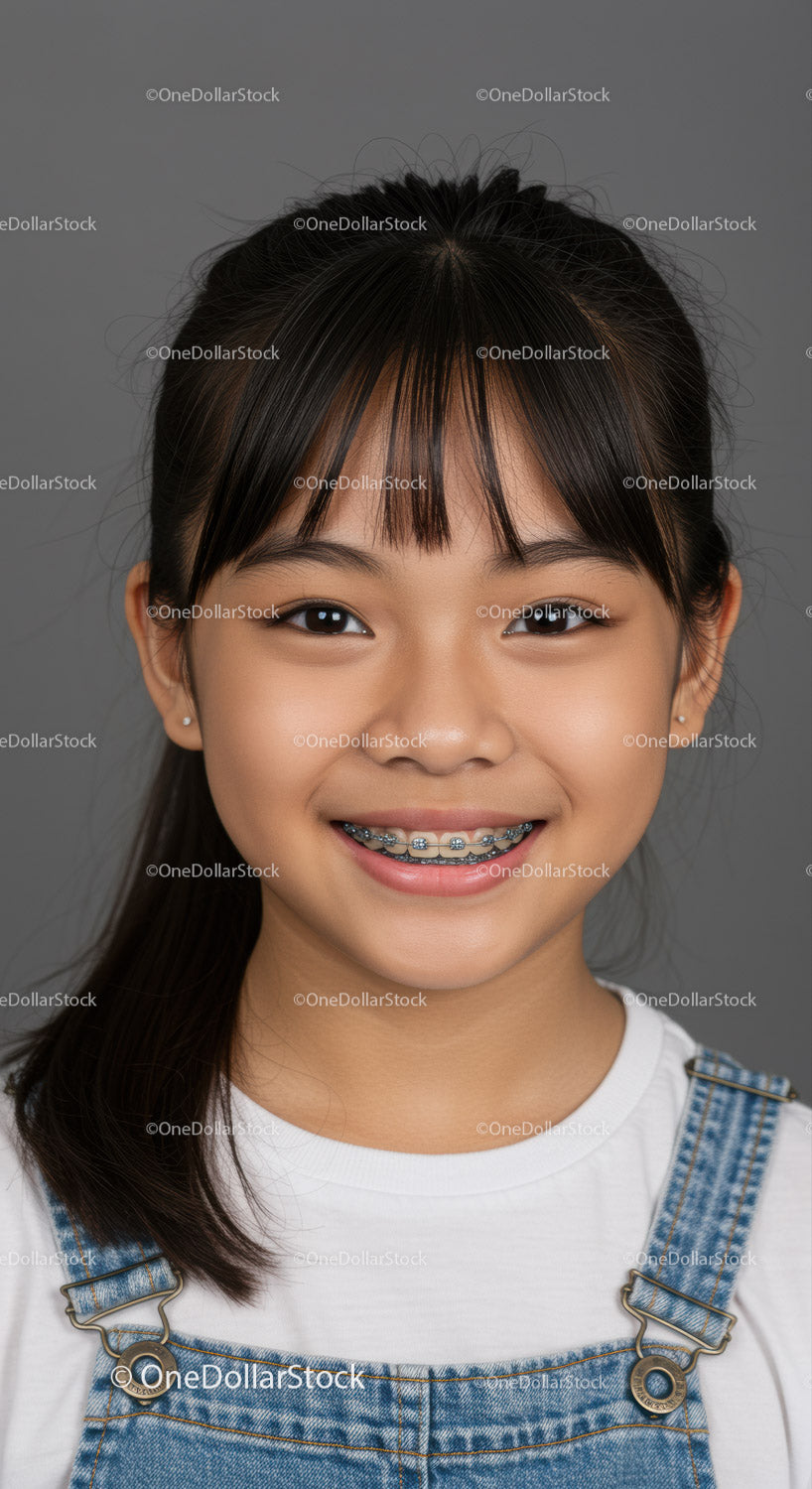 Joyful Young Girl Smiling with Braces Wearing Denim Overalls
