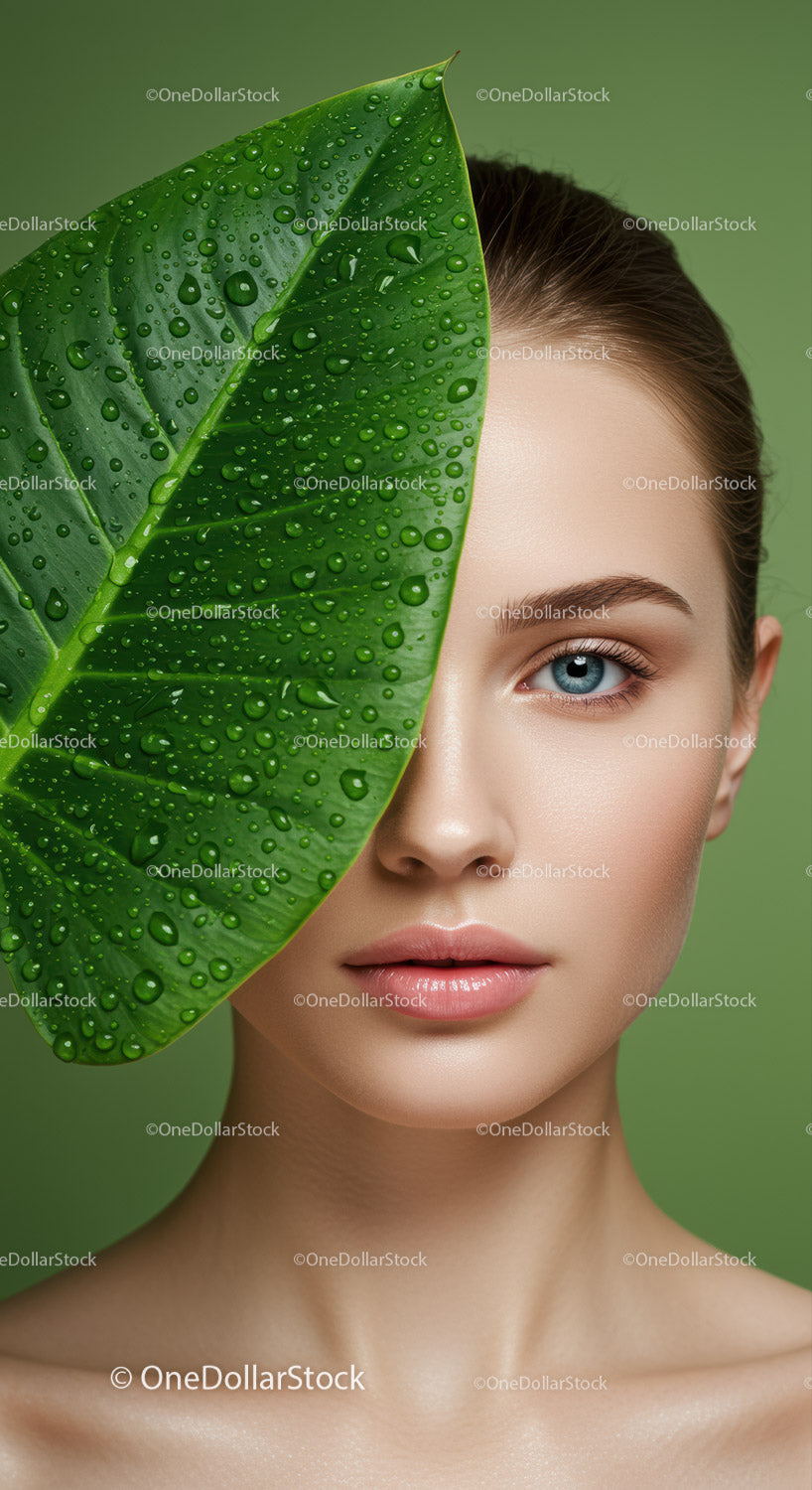 Elegant Woman with Green Leaf and Water Droplets in Natural Setting