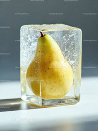 Fresh pear encased in a translucent ice cube