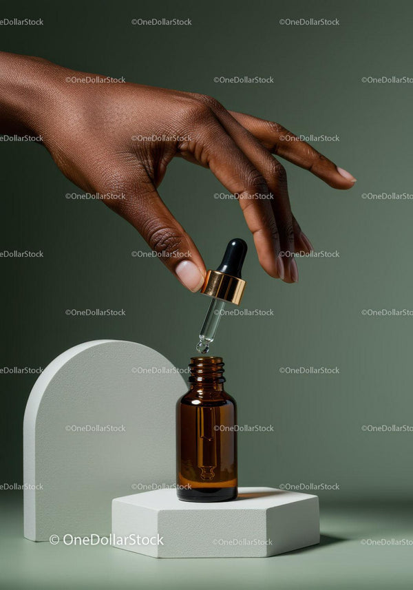 Elegant Hand with Dropper and Amber Bottle for Skincare and Beauty JPG Mockup Image