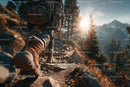 Mountain Hiker Climbing Rocky Trail in Sunrise Forest Landscape