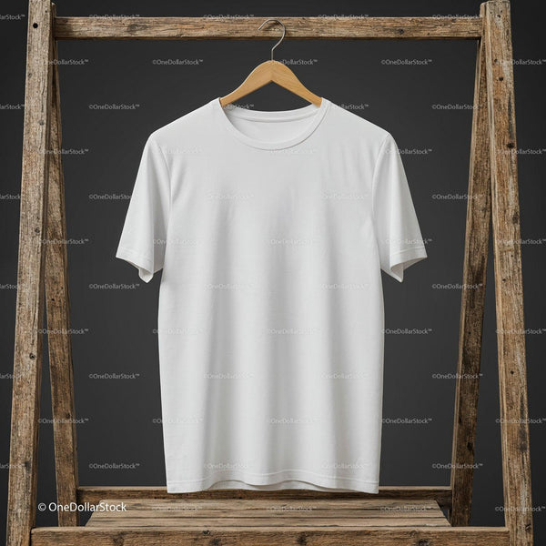 Minimalistic white t-shirt hanging on rustic wooden frame JPG Mockup Image