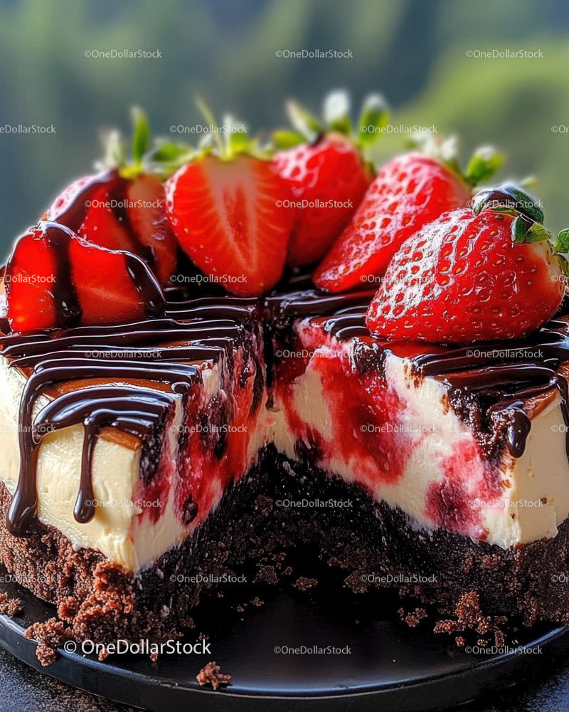 Chocolate Cake with Fresh Strawberries and Drizzled Chocolate