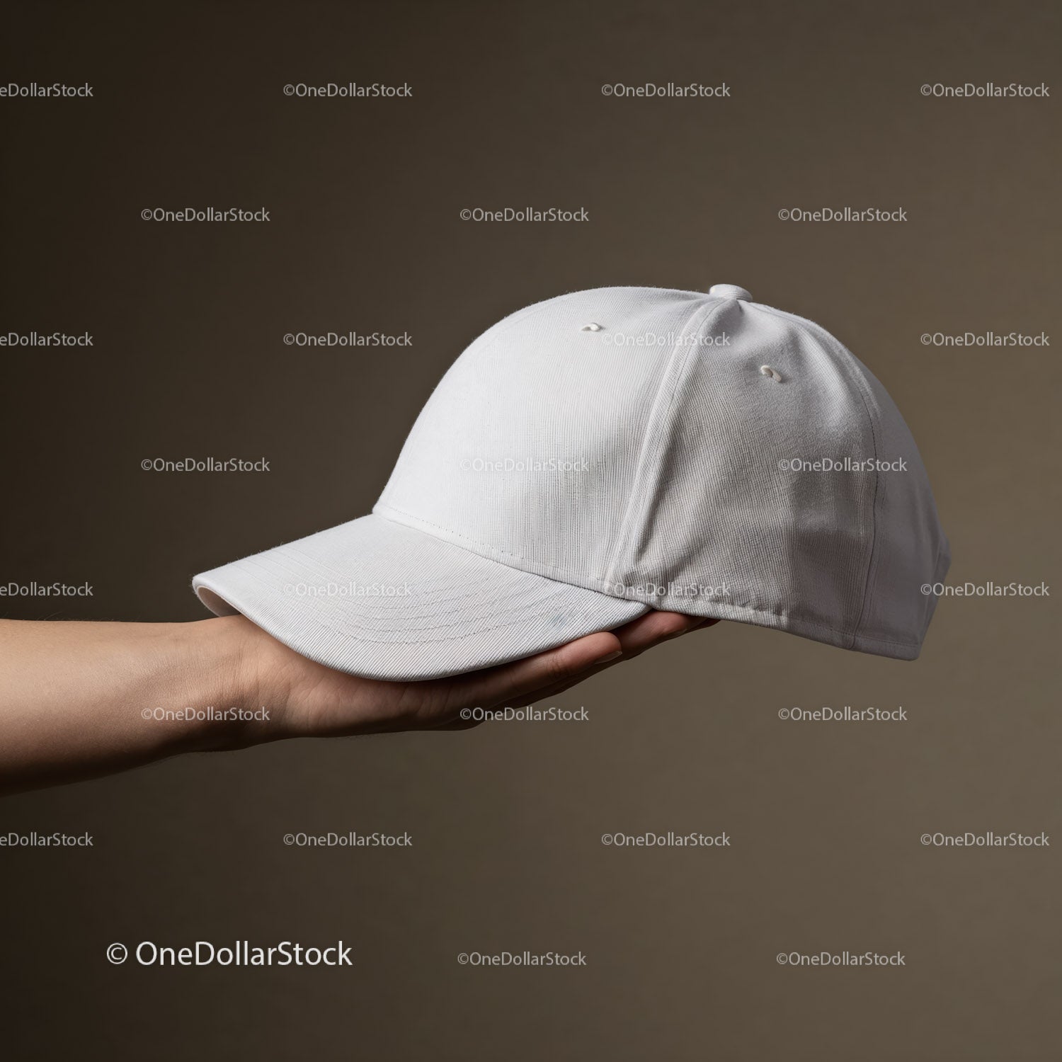 Ręka trzymająca białą czapkę baseballową na neutralnym tle