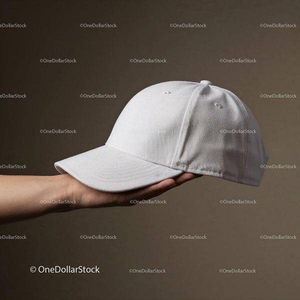Hand Holding White Baseball Cap Against Neutral Background JPG Mockup Image