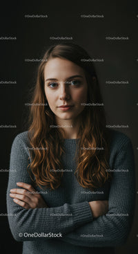 Young woman with folded arms wearing gray sweater