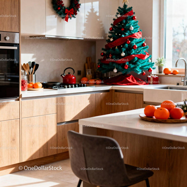 Cozy kitchen decorated for Christmas with festive details