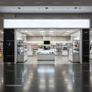 Modern tech store interior with sleek product displays