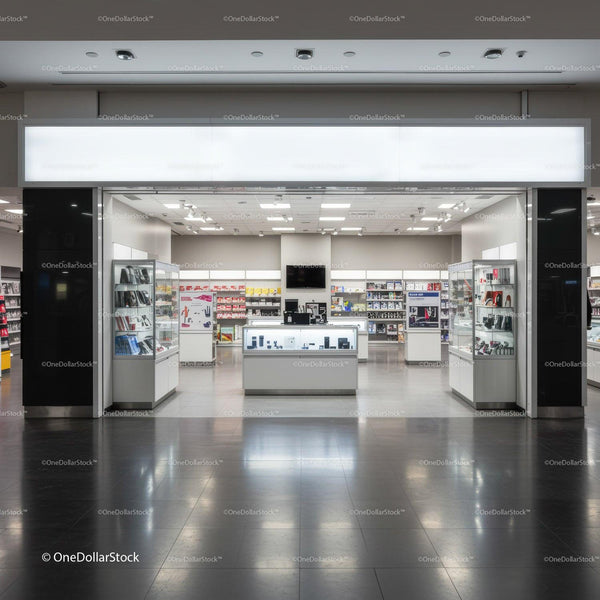 Modern tech store interior with sleek product displays JPG Mockup Image