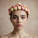 Young woman with colorful macarons crown on head