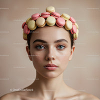 Young woman with colorful macarons crown on head