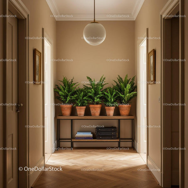 Cozy Hallway with Green Fern Plants on Wooden Console and Natural Light
