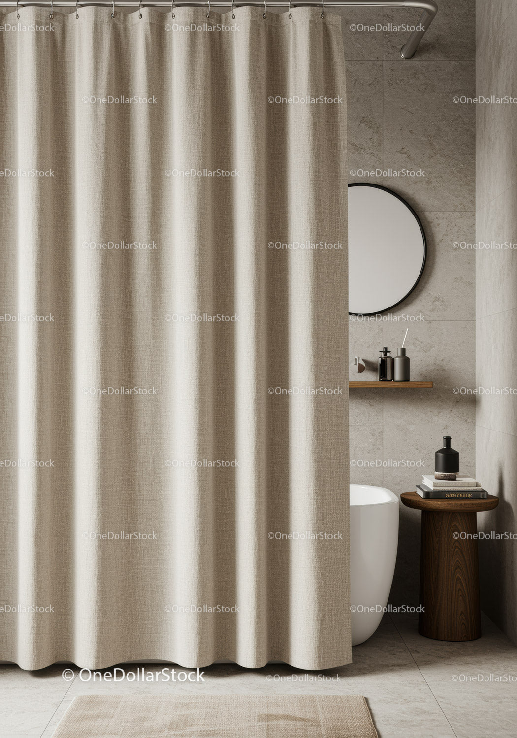 Minimalist Bathroom with Beige Shower Curtain and Wooden Stool