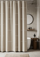 Minimalist Bathroom with Beige Shower Curtain and Wooden Stool