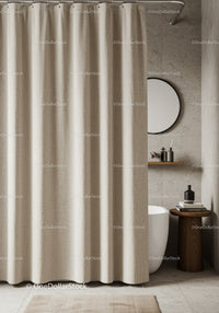 Minimalist Bathroom with Beige Shower Curtain and Wooden Stool