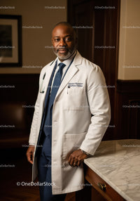 Professional Male Doctor in White Coat Standing in Medical Office