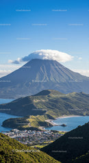Majestic Volcano Surrounded by Lush Green Hills and Coastal Bay