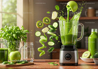 Fresh green smoothie ingredients blending in kitchen