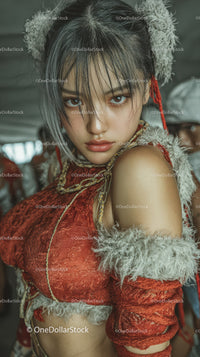 Elegant Asian Woman in Red Ornate Costume with Intense Expression