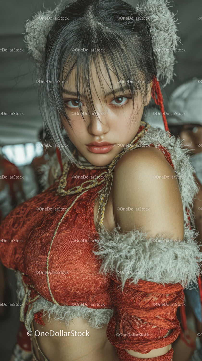 Elegant Asian Woman in Red Ornate Costume with Intense Expression