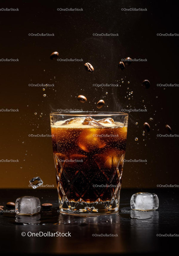 Iced coffee with floating beans and ice cubes
