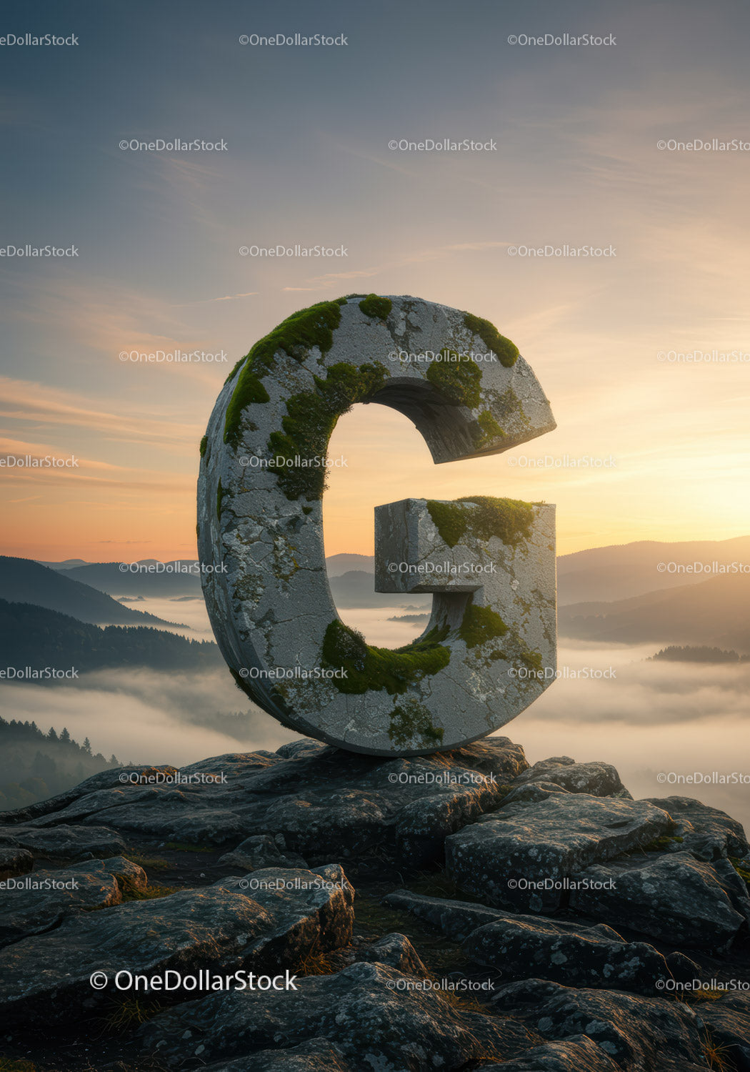 Large Moss-Covered Stone Letter G on Mountain Peak