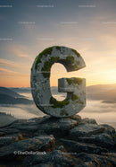 Large Moss-Covered Stone Letter G on Mountain Peak