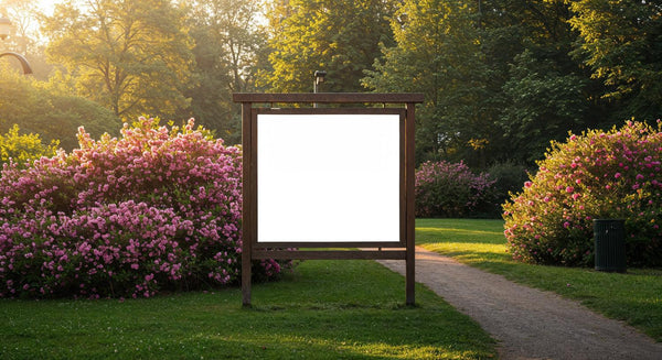 Empty Wooden Signboard Surrounded by Blooming Pink Flowers JPG Mockup Image