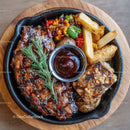 Meatloaf with French Fries and Vegetable Medley in Rustic Skillet