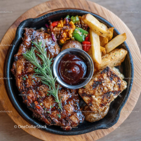Meatloaf with French Fries and Vegetable Medley in Rustic Skillet
