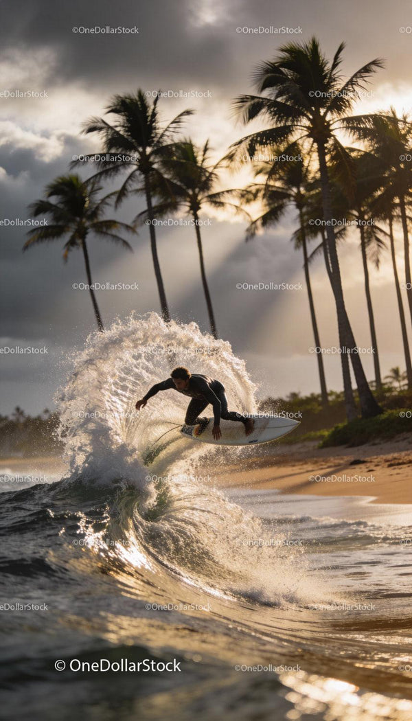 Surfer performing a dynamic carve on glowing sunset wave
