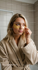 Young Woman Applying Gold Eye Patches in Relaxing Skincare Routine